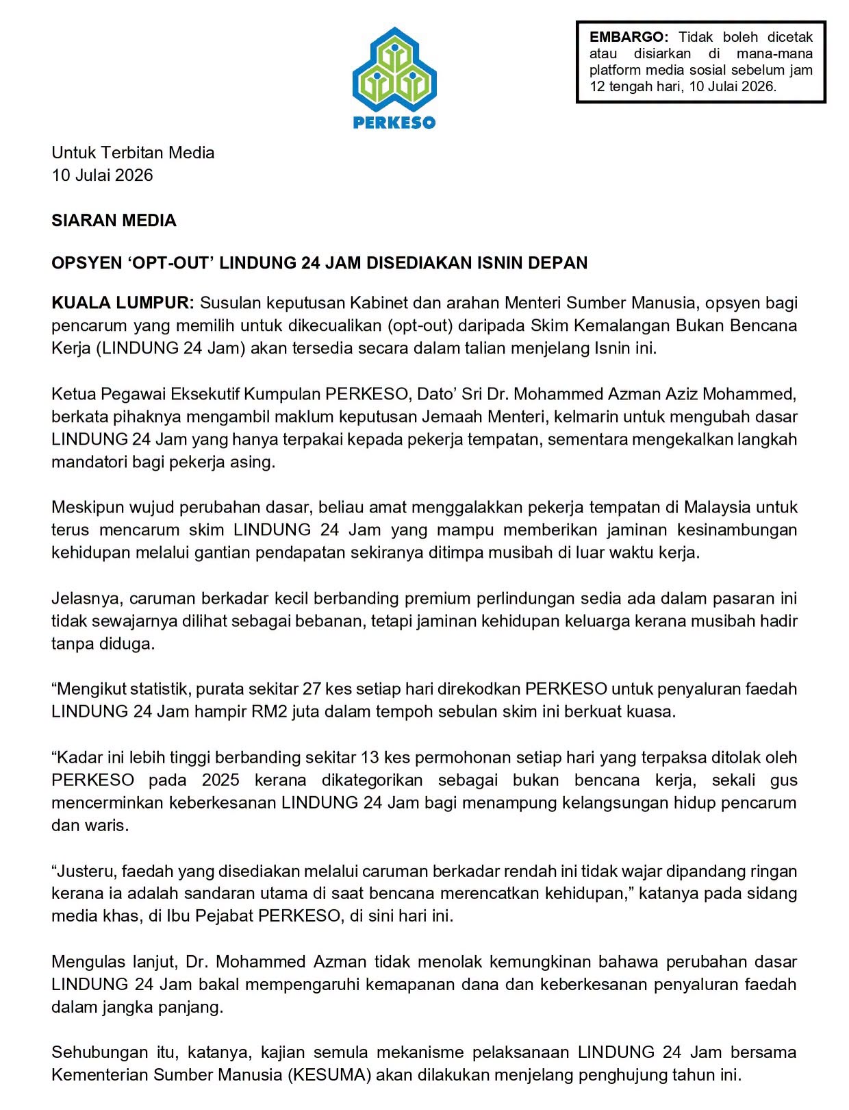 Update: SKBBK (LINDUNG 24 Jam) Now Optional for Local Workers From 10 July 2026