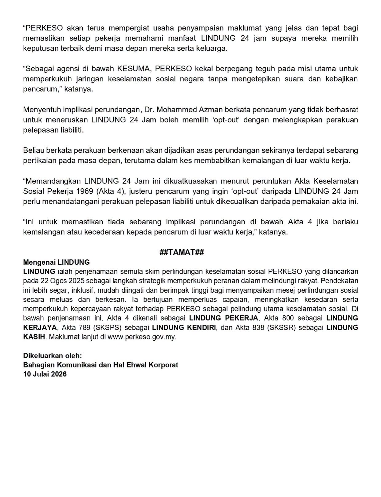 PERKESO media release on LINDUNG 24 Jam opt-out, page 2