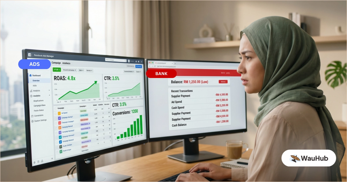 Travel agency owner looking at ads dashboard showing green metrics while bank balance stays flat