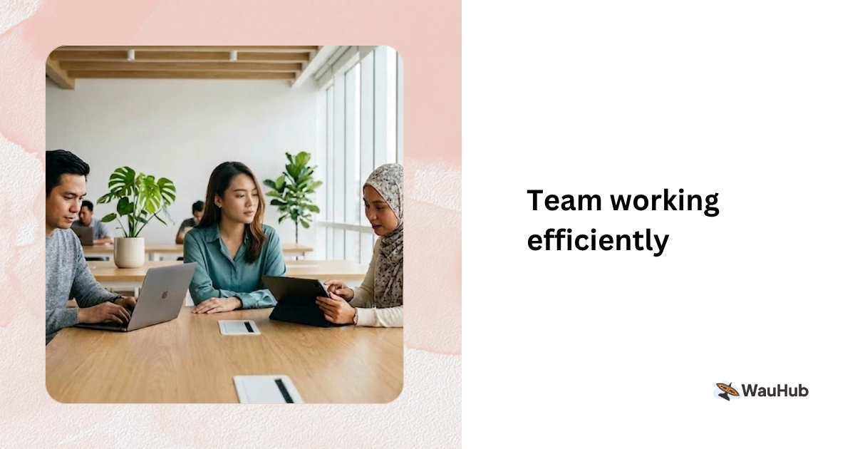 Small team of three professionals working efficiently in a bright co-working space