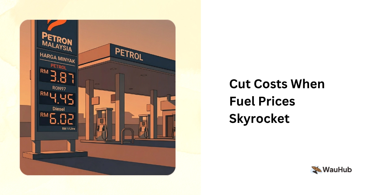 Malaysian petrol station at golden hour with fuel pump nozzle in focus and price display board in background