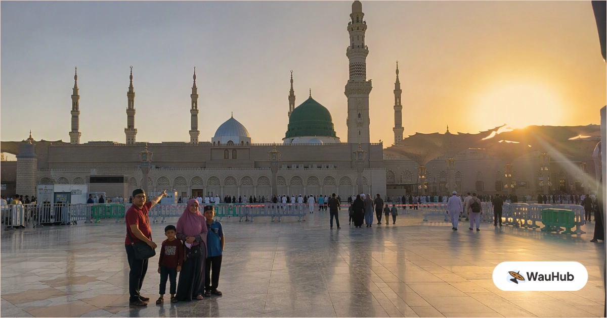 Departure requires valid passport and visa - example Saudia requires certain visa to enter. Image of a family in Madinah