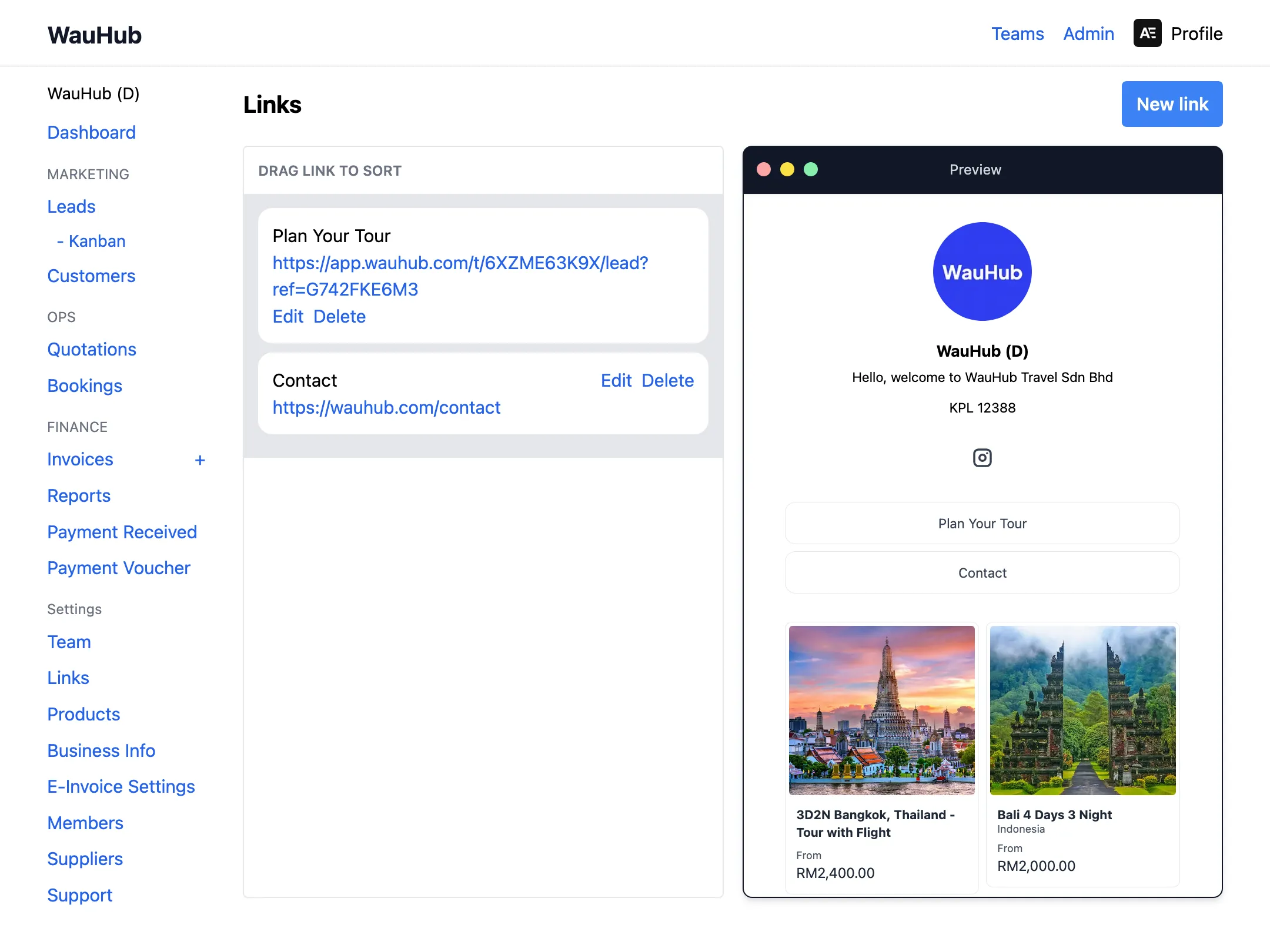 WauHub Manage Links Page