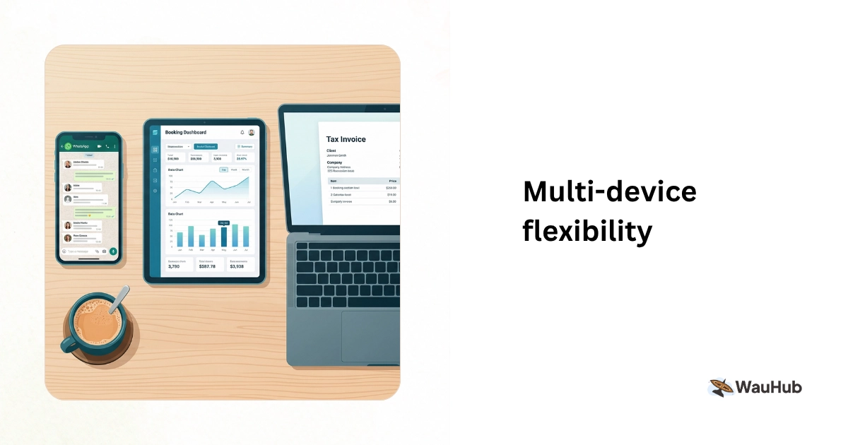 Overhead flat-lay of smartphone, tablet, and laptop on a wooden desk with iced teh tarik