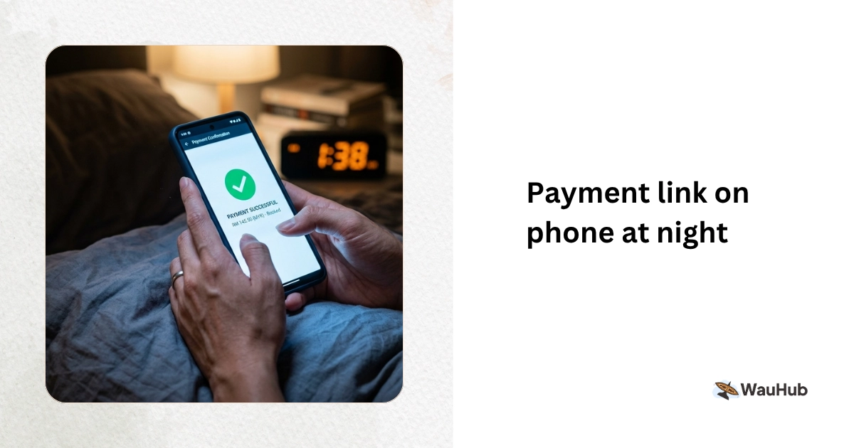 Hands holding smartphone showing payment confirmation with green checkmark in dark bedroom