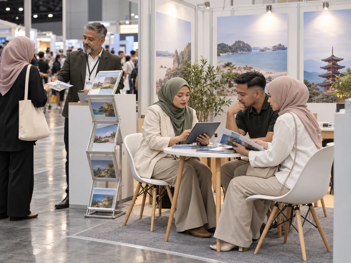 A travel agency consultant takes a couple's details on a tablet at a travel fair booth while the owner hands out brochures