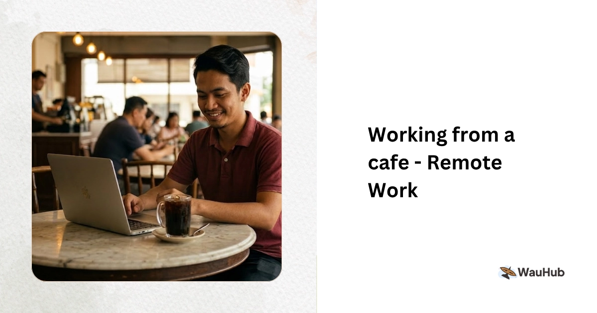 Man working on laptop at a Malaysian kopitiam cafe with kopi-o ais on the table