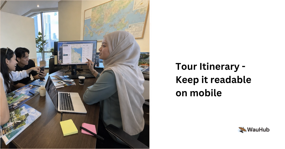 Malaysian travel consultant designing a Korea tour package poster on her laptop with itinerary notes and WhatsApp enquiries on her phone