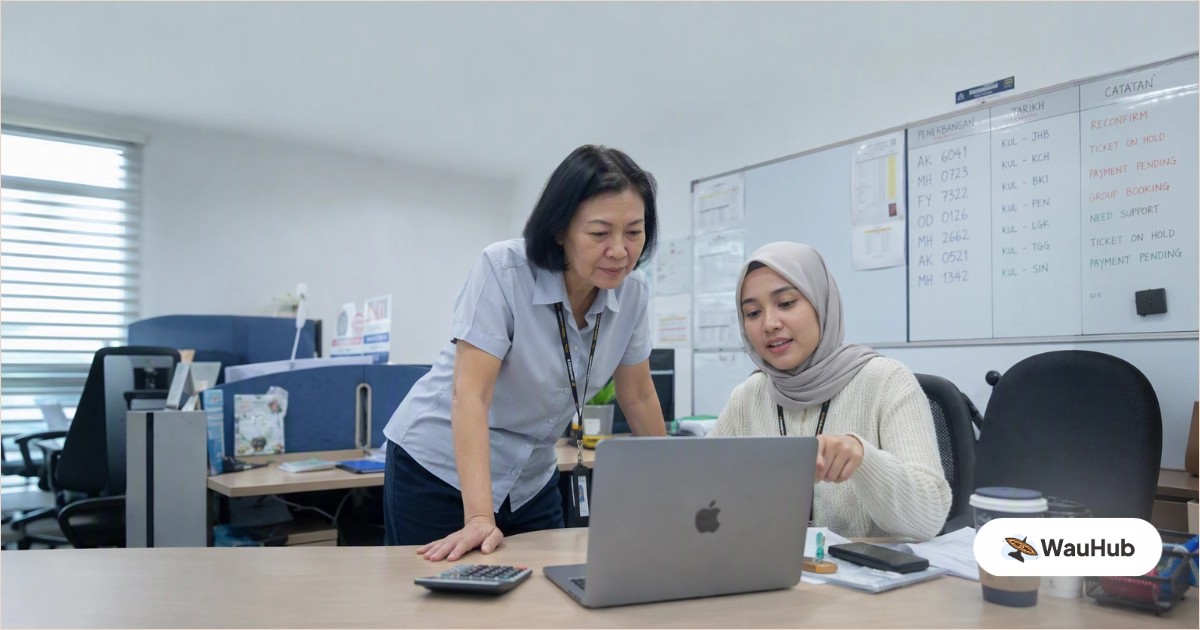 Malaysian travel agency finance executive organising customer sales invoices and supplier bills beside a laptop in a Kuala Lumpur office
