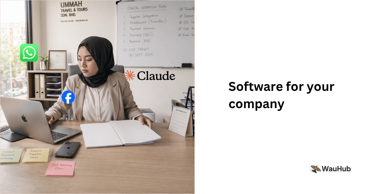 Malaysian travel agency owner at a clean desk organising laptop, phone, travel brochures while planning the agency software stack