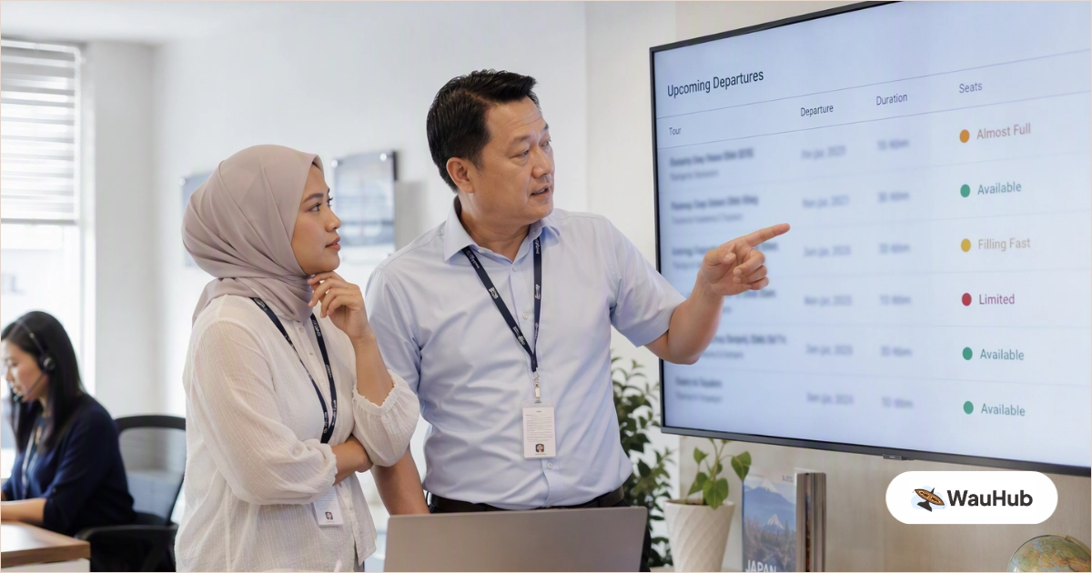 Malaysian travel agency owner and sales manager reviewing a departure overview display to decide which tour to promote next