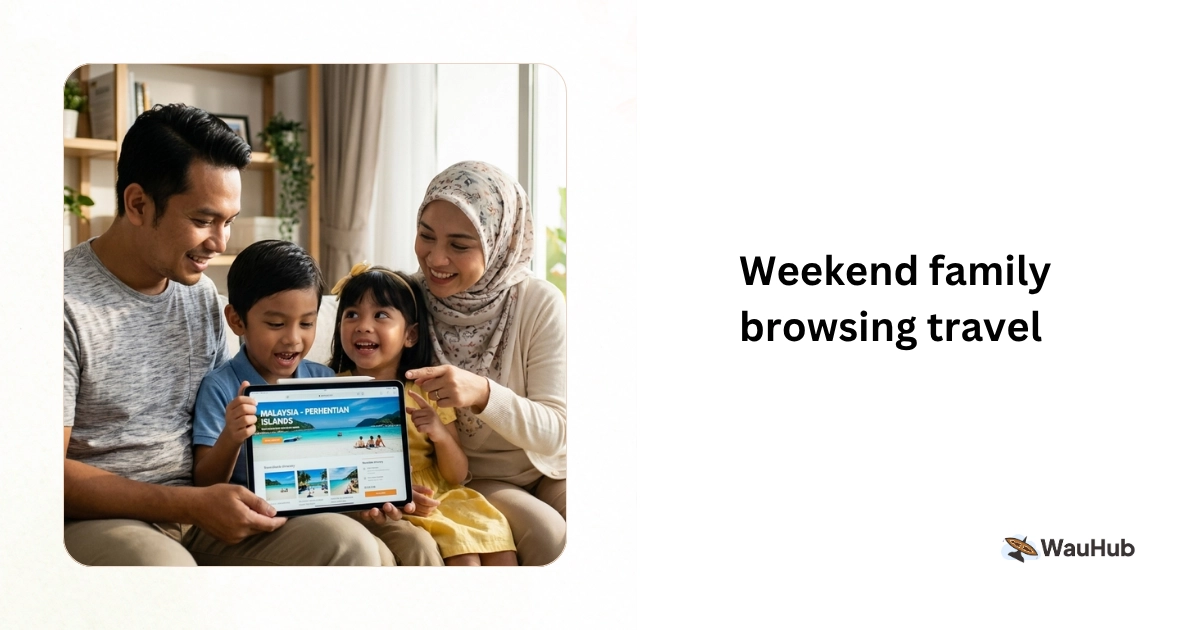 Malaysian family of four on sofa browsing travel destinations on a tablet