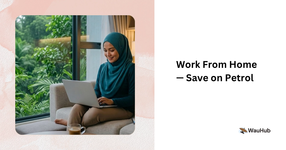 Woman wearing hijab working on laptop at home with highway traffic visible through window