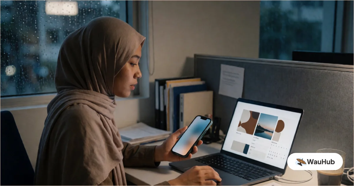 Travel consultant checking a late-night WhatsApp enquiry on her phone beside a laptop showing a product catalogue, in a quiet Kuala Lumpur agency office with rain-darkened windows