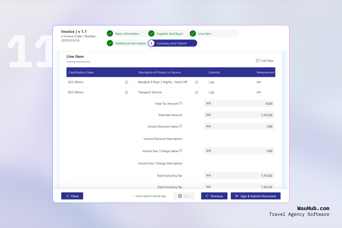 Summary review of item details and totals