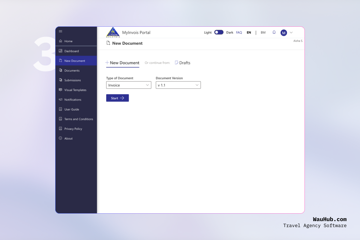 Create a new e‑Invoice document and select UBL version