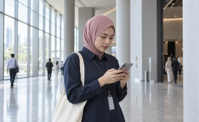 A Malaysian travel consultant following up a customer enquiry outside a travel fair