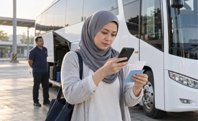 A Malaysian tour manager recording a supplier expense beside a coach