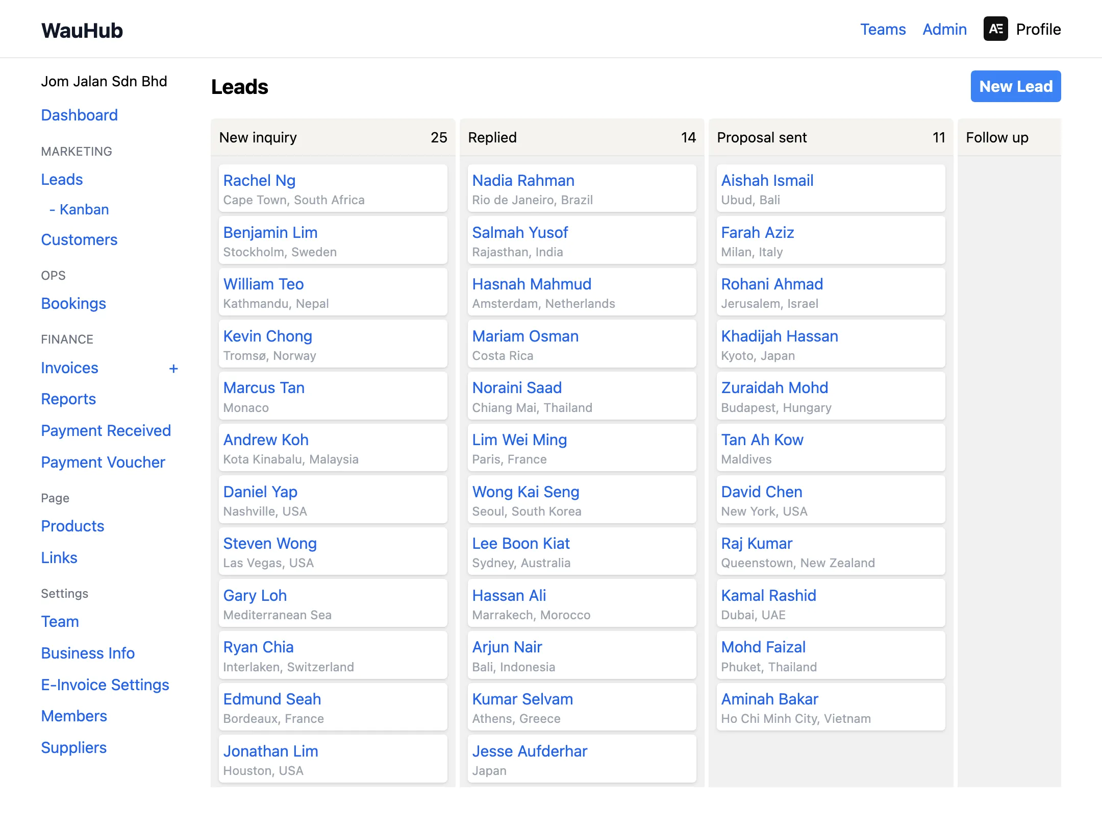 WauHub leads kanban demo