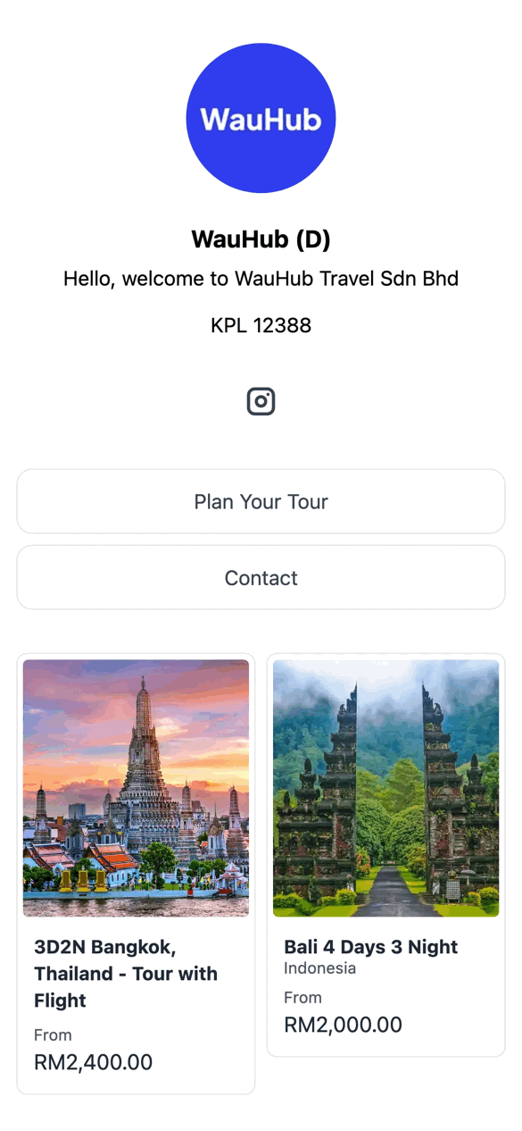 Browse tours - WauHub mobile site showing travel packages and tour options