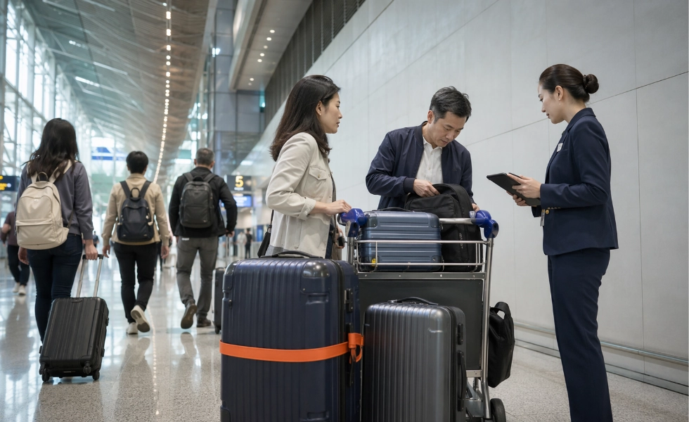 A Malaysian tour executive resolving a missing passenger detail at the airport