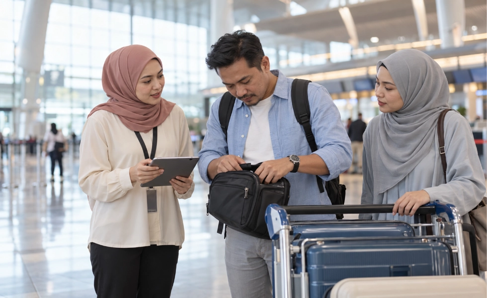 A multigenerational Malaysian family preparing passenger details together at home