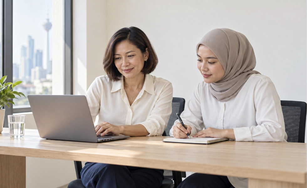 Two Malaysian travel agency colleagues working through a booking together