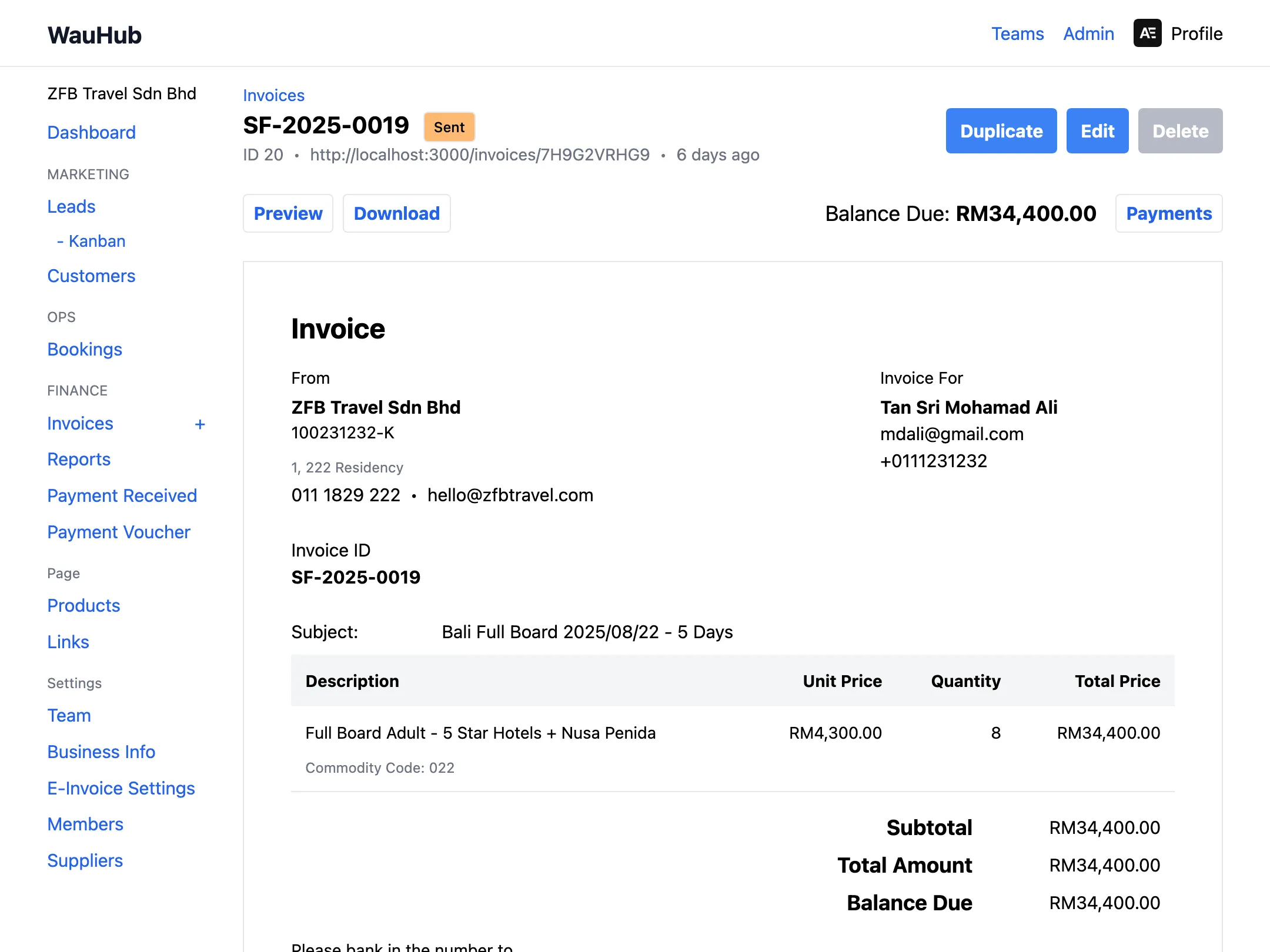 WauHub invoice 