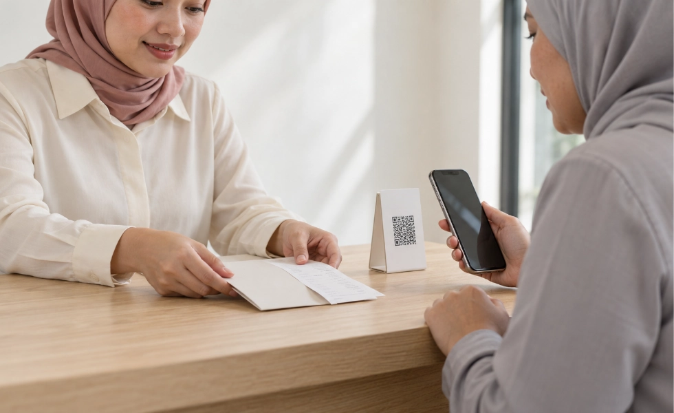 A travel consultant handing invoice documents to a customer holding a phone beside a QR payment stand