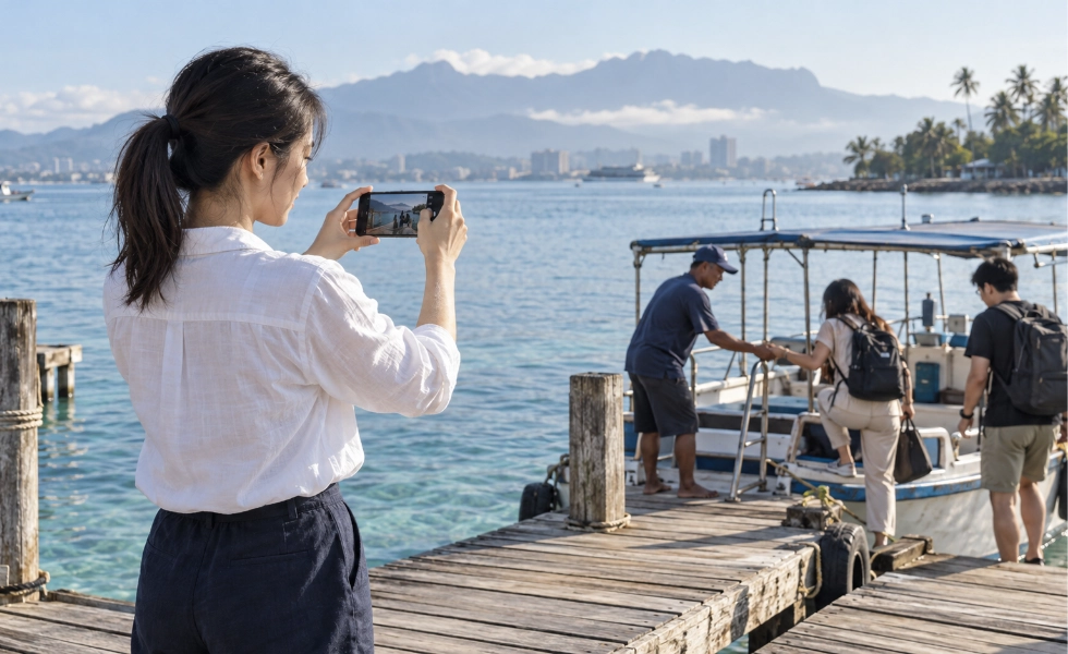 A Malaysian agency owner capturing an authentic island tour for the online storefront