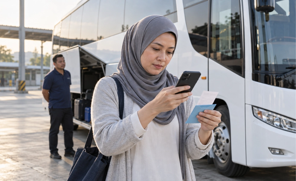 A Malaysian tour manager confirming a coach supplier expense before departure