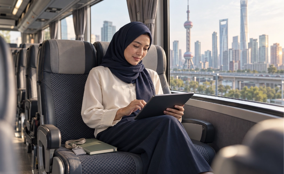 A Malaysian agency owner reviewing a group tour result inside an empty coach