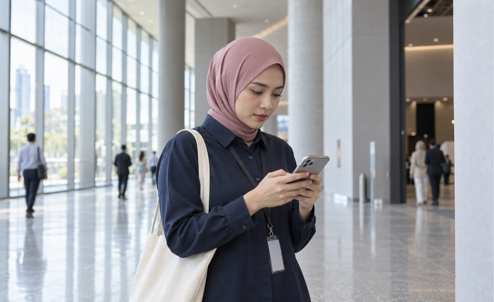 A Malaysian travel consultant following up a serious enquiry while leaving a busy travel fair