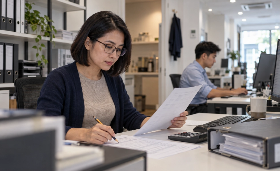 A Malaysian accountant checking a supplier bill against printed records