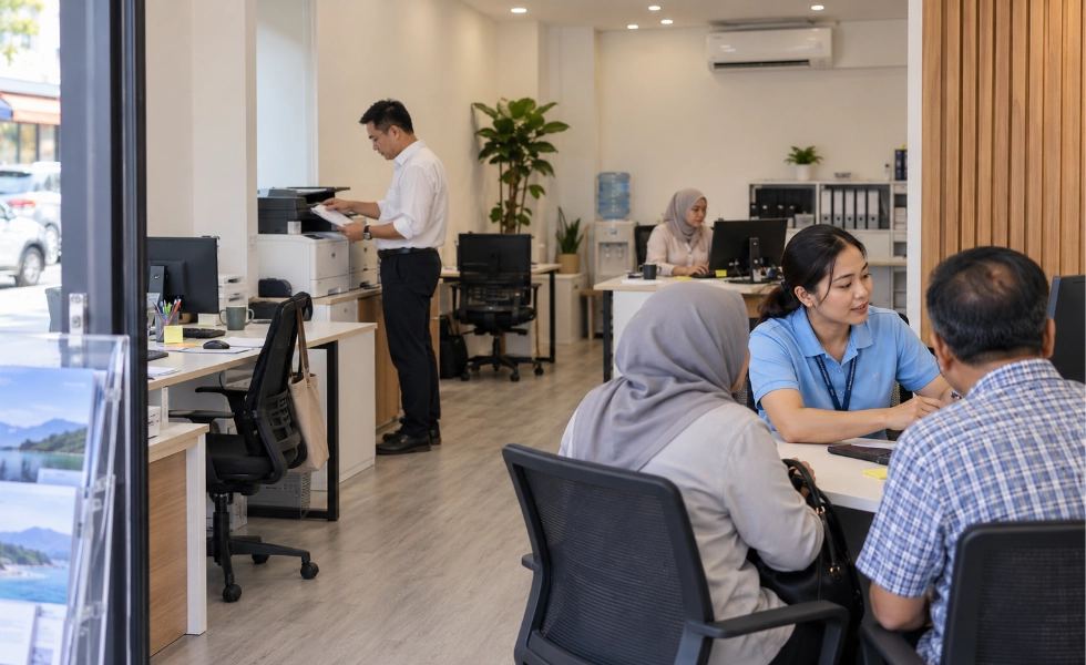 A small Malaysian travel agency at work, with a consultant serving a walk-in couple while colleagues work at their desks behind