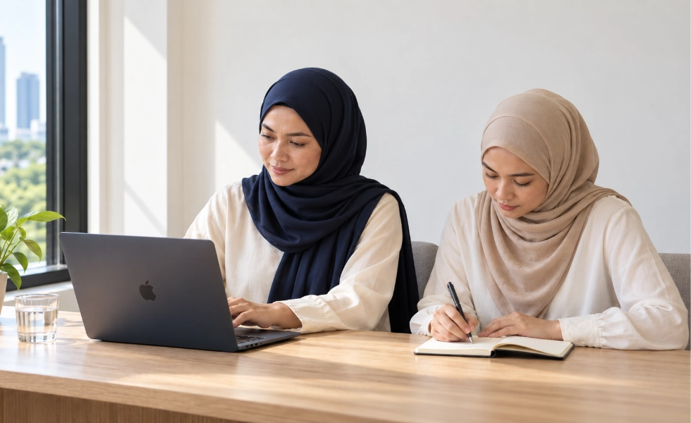 Two Malaysian travel agency colleagues working through a booking together