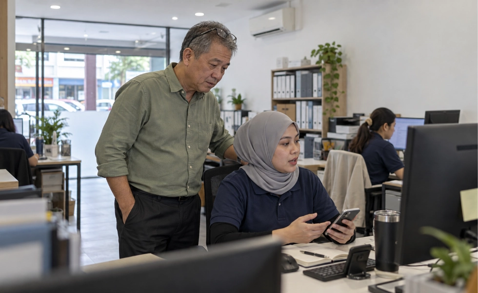 A Malaysian travel agency owner checking an enquiry with a sales consultant at her desk