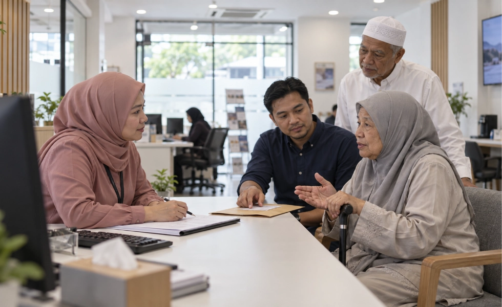 An Umrah agency consultant listening to a family's needs at the consultation desk