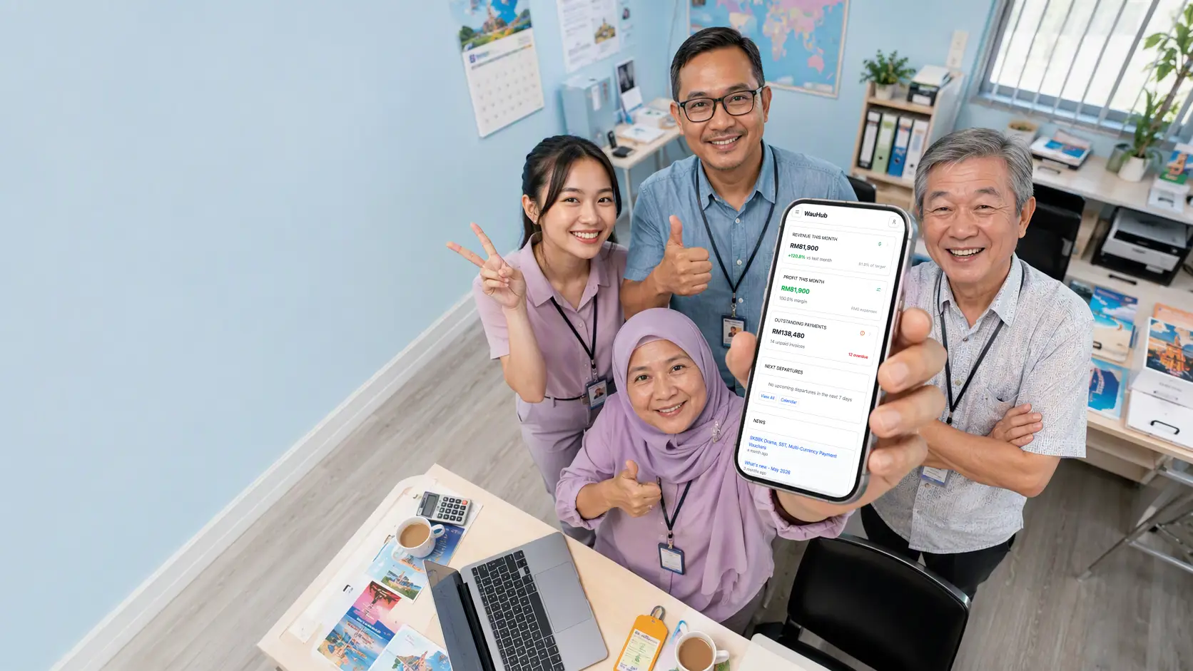 A multigenerational Malaysian travel agency team confidently using WauHub together